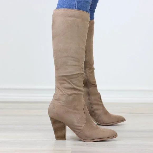 Tan Block Heeled Boots Below The Knee Faux Suede Pointed Toe Womens - Picture 5 of 14